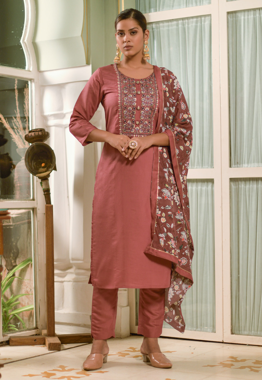 Pink Muslin Readymade Pant Style Suit 264074