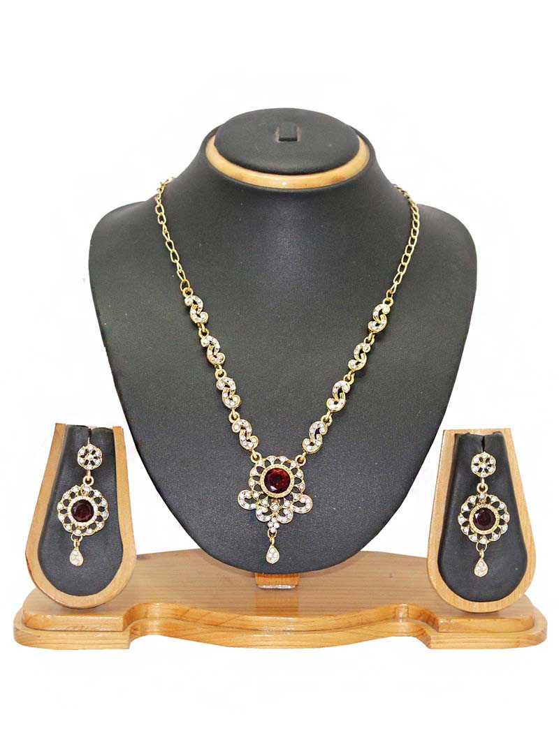 Maroon Zinc Austrian Diamonds Necklace With Earrings 66086