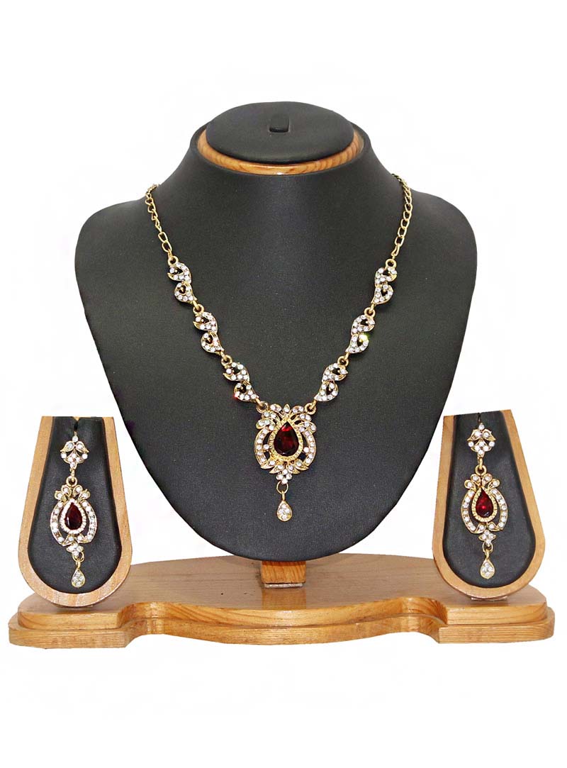 Maroon Zinc Austrian Diamonds Necklace With Earrings 66090