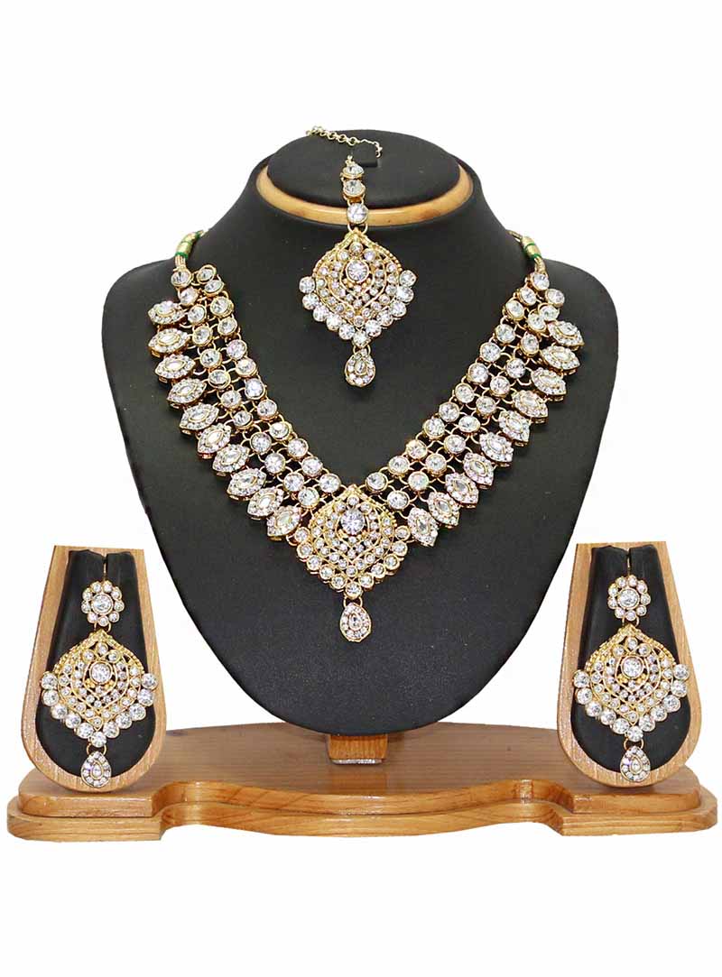 White Alloy Austrian Diamonds Necklace With Earrings and Maang Tikka 66091