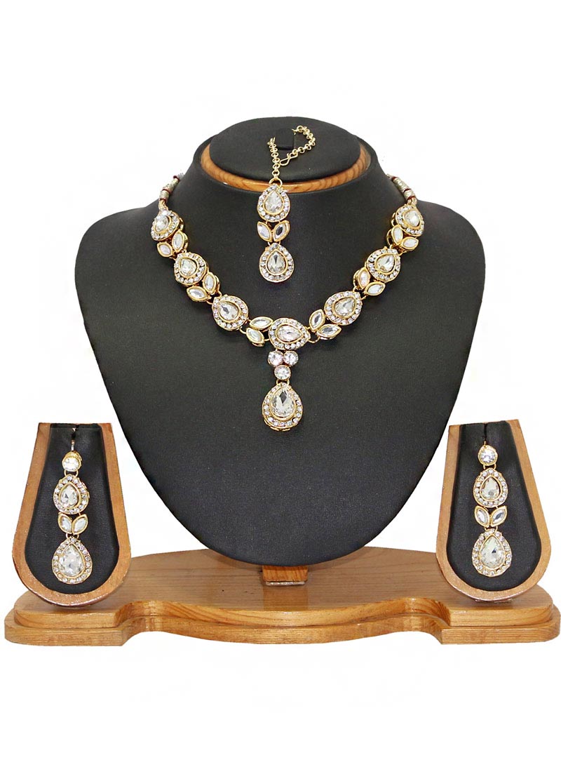 White Alloy Austrian Diamonds Necklace With Earrings and Maang Tikka 66092