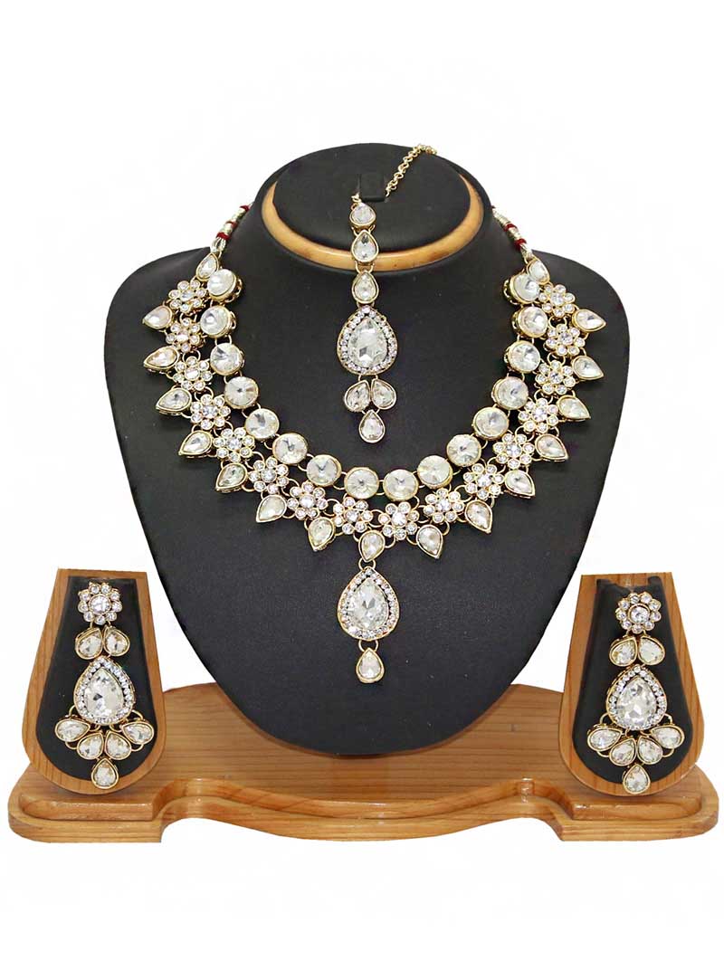 White Alloy Austrian Diamonds Necklace With Earrings and Maang Tikka 66093