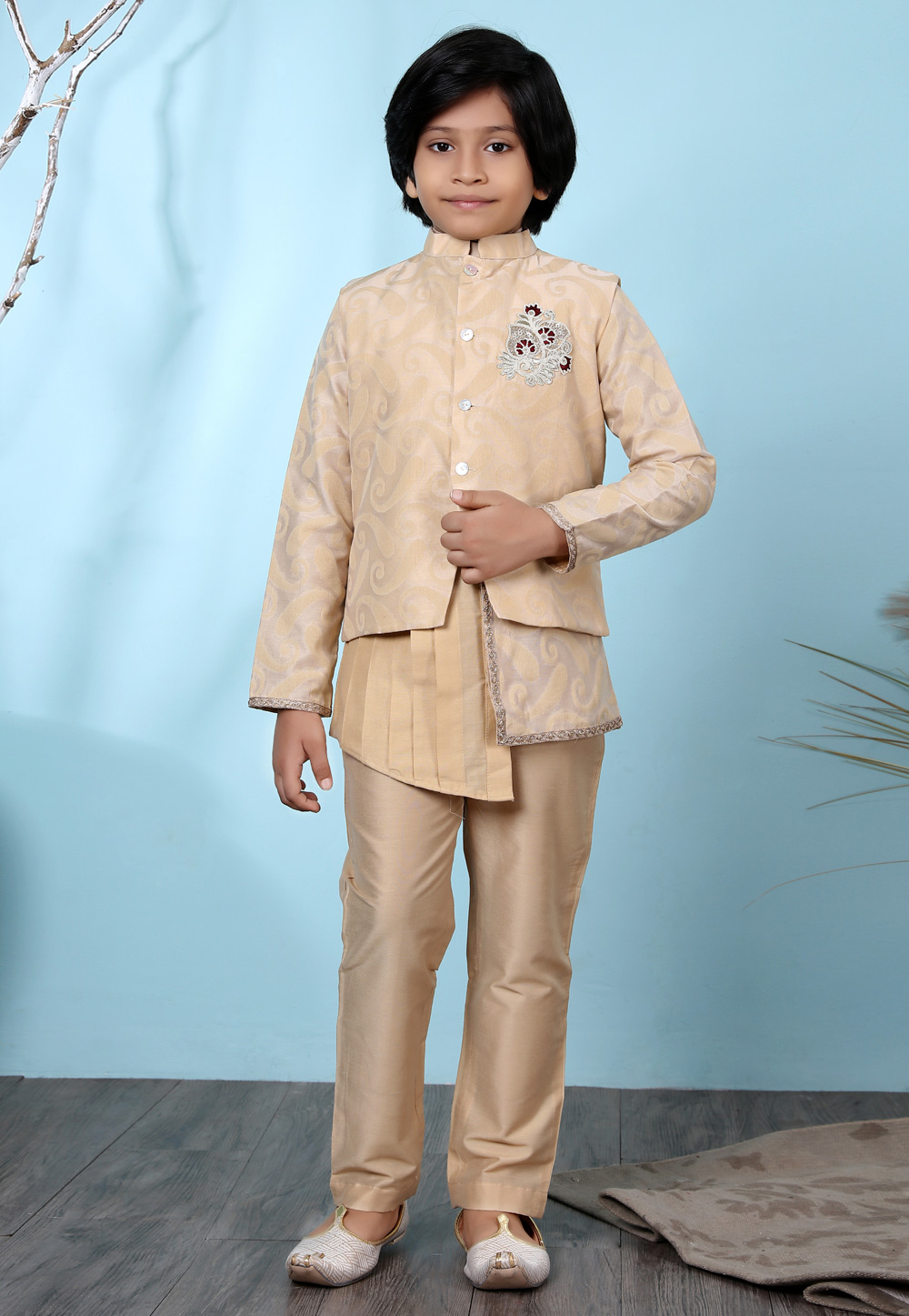 Beige Silk Kids Kurta Pajama With Jacket 234451