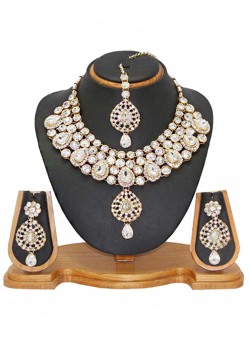 White Alloy Austrian Diamonds Necklace With Earrings and Maang Tikka 66095