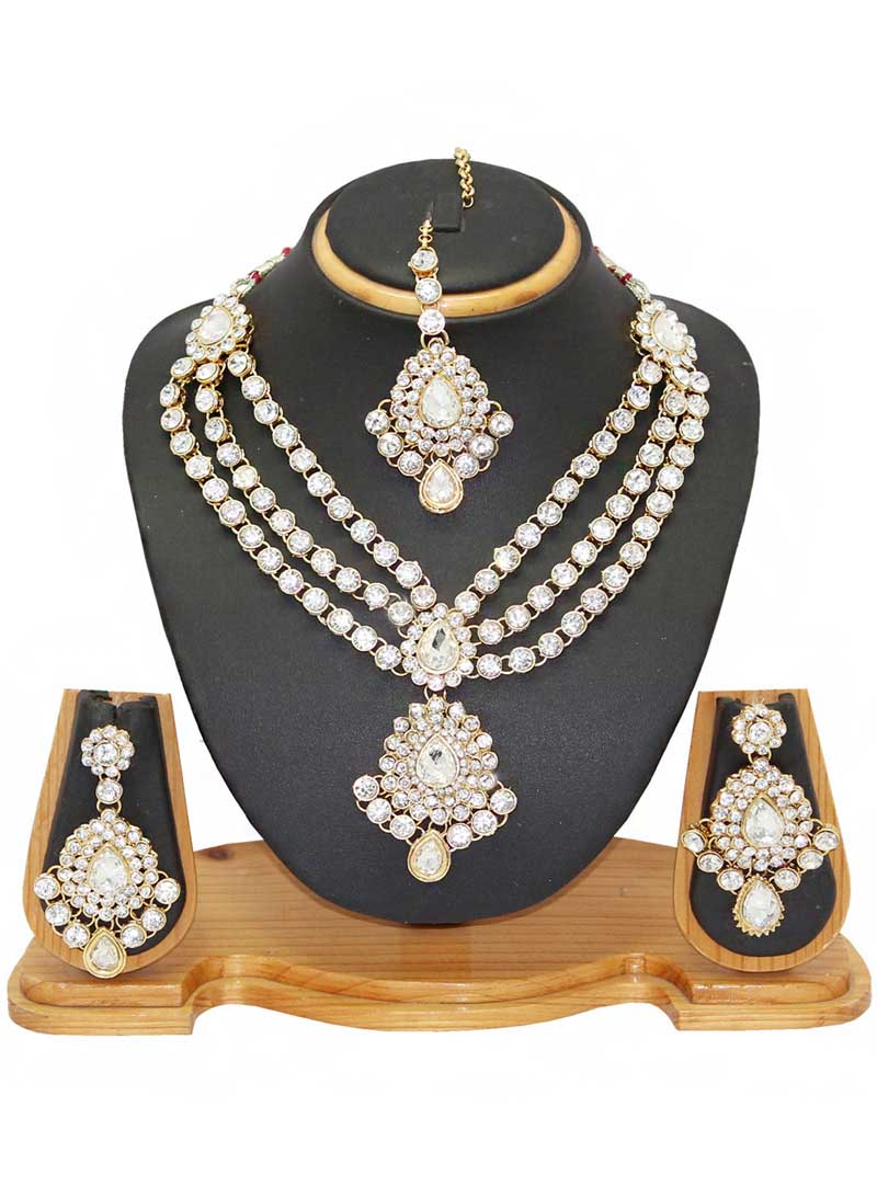 White Alloy Austrian Diamonds Necklace With Earrings and Maang Tikka 66096