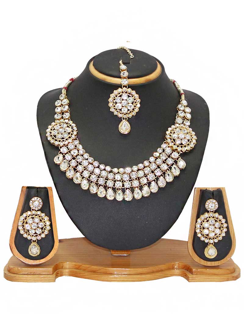 White Alloy Austrian Diamonds Necklace With Earrings and Maang Tikka 66097