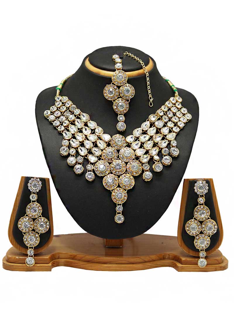 White Alloy Austrian Diamonds Necklace With Earrings and Maang Tikka 66099