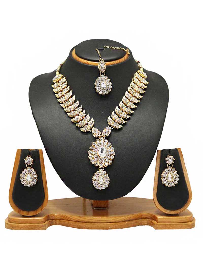 White Alloy Austrian Diamonds Necklace With Earrings and Maang Tikka 66100