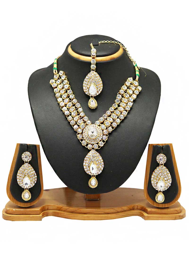 White Alloy Austrian Diamonds Necklace With Earrings and Maang Tikka 66101