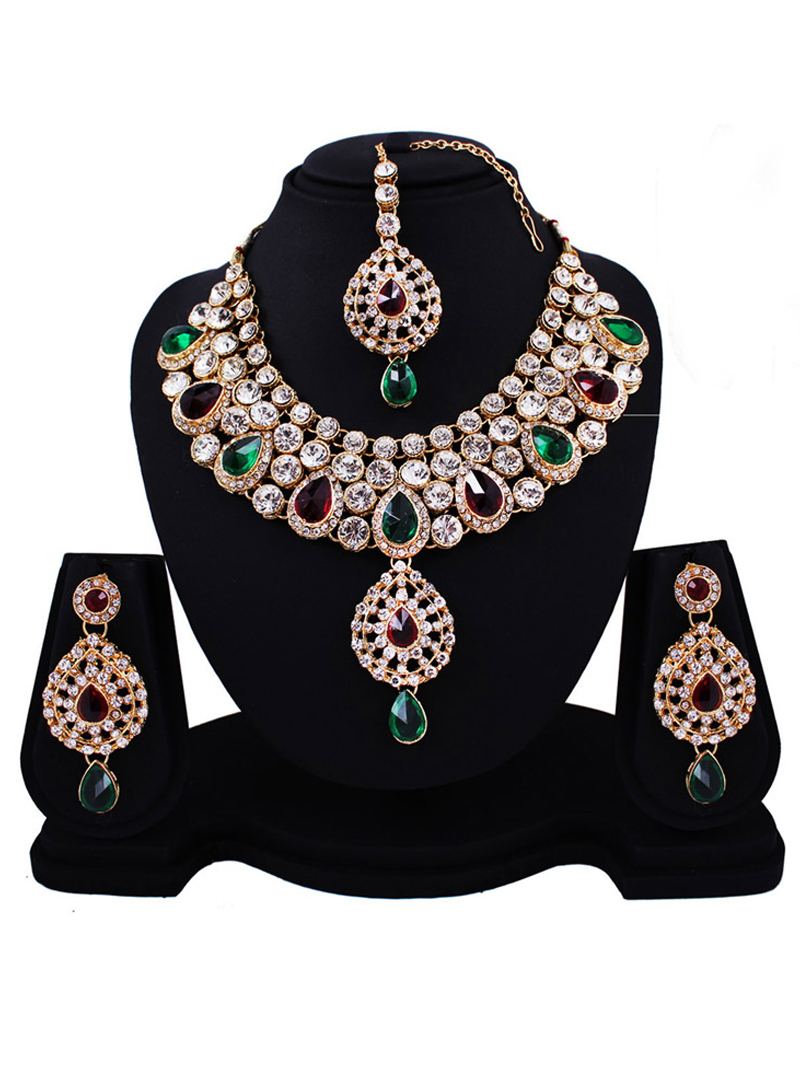Green Alloy Austrian Diamonds Heavy Set With Maang Tikka 89147