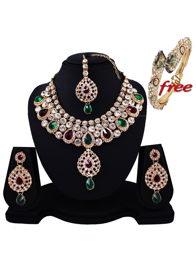 Green Alloy Austrian Diamonds Heavy Set With Maang Tikka 89147