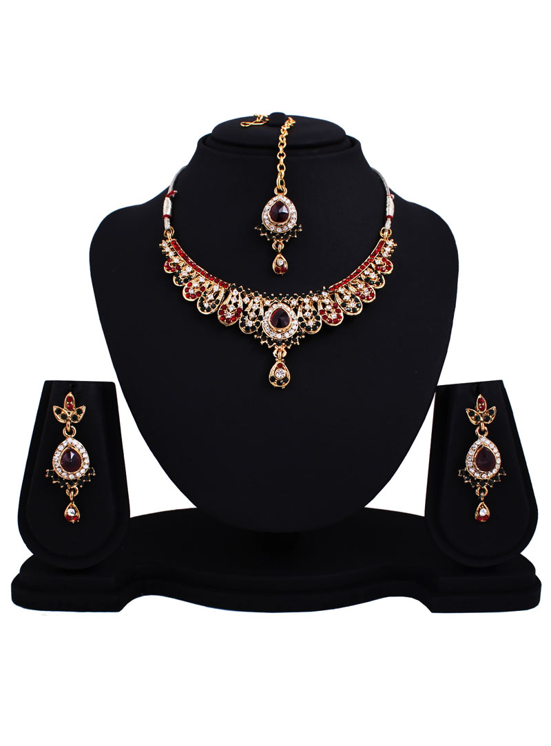 Maroon Alloy Austrian Diamonds Necklace With Earrings and Maang Tikka 89150