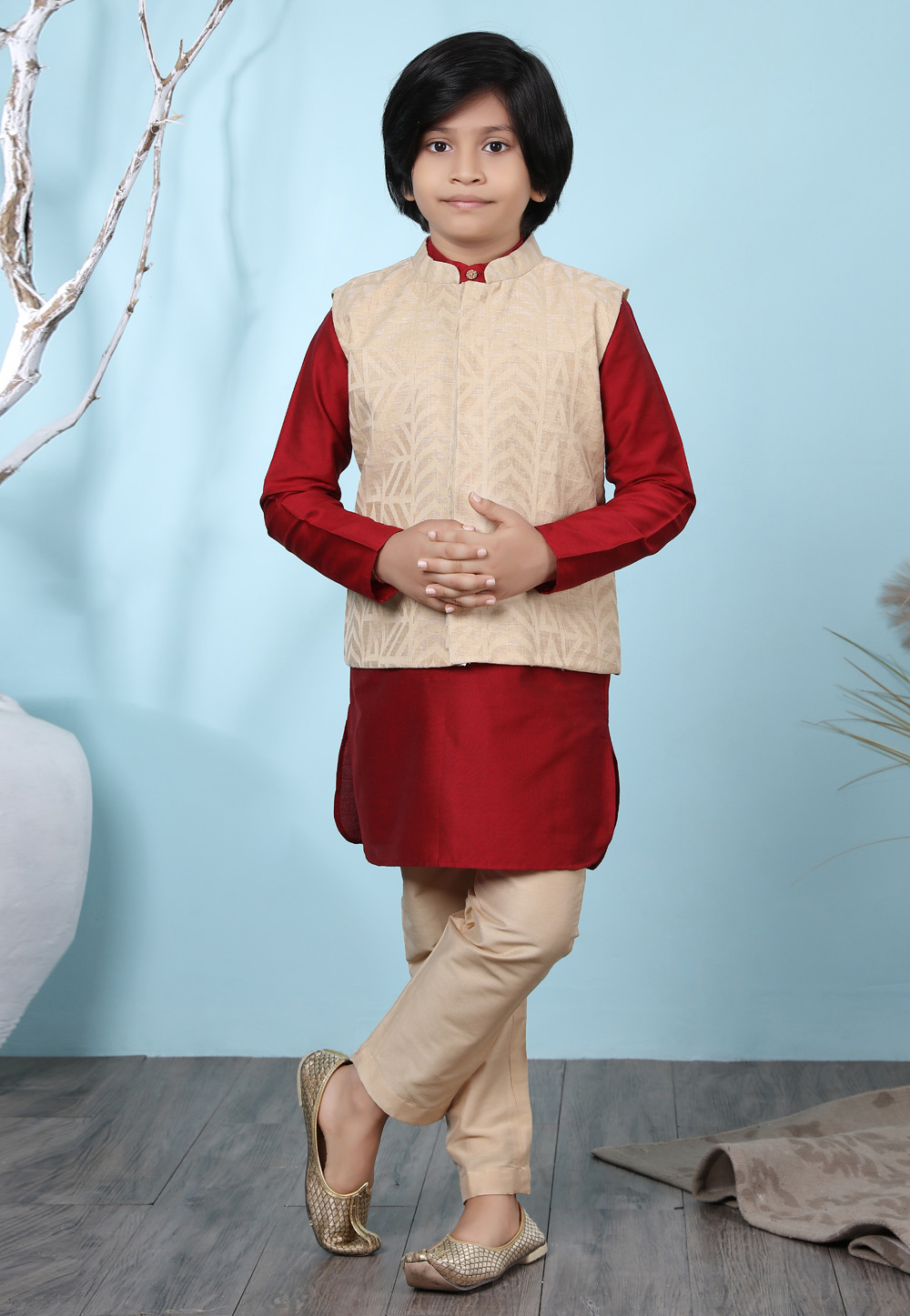 Red Cotton Silk Kids Kurta Pajama With Jacket 234454