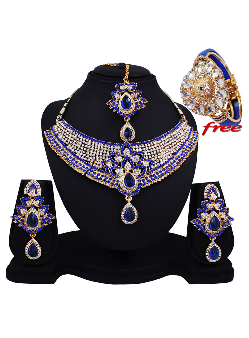 Blue Alloy Austrian Diamonds Heavy Set With Free Alloy Kundan Kada 89167