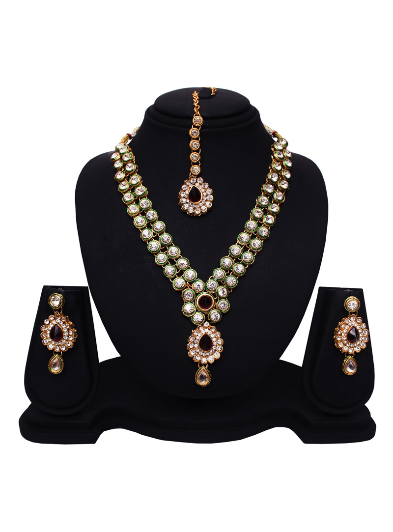 Green Alloy Cubic Zirconia Necklace With Earrings and Maang Tikka 89168