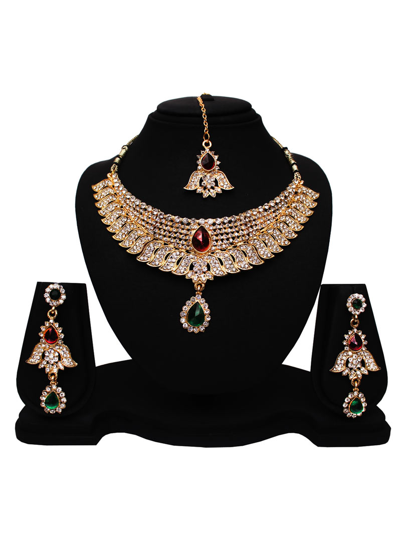 Green Alloy Austrian Diamonds Necklace With Earrings and Maang Tikka 89174