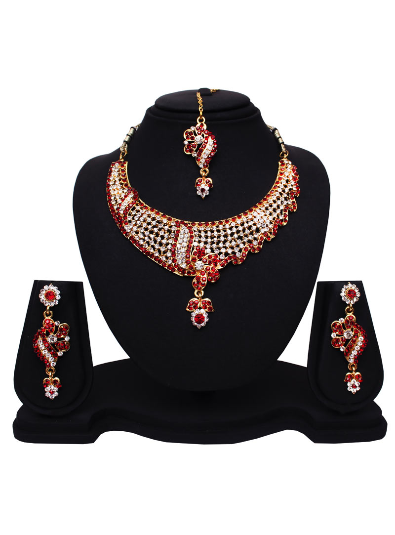 Red Alloy Austrian Diamonds Necklace With Earrings and Maang Tikka 89178