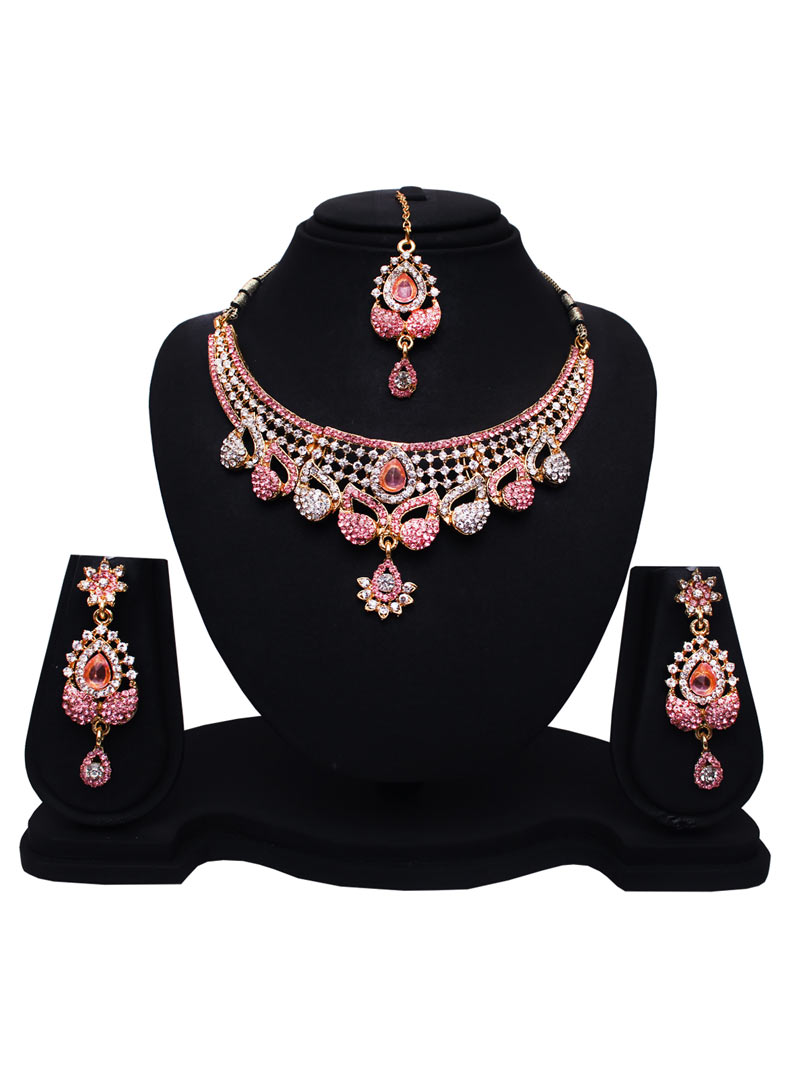Pink Alloy Austrian Diamonds Necklace With Earrings and Maang Tikka 89180