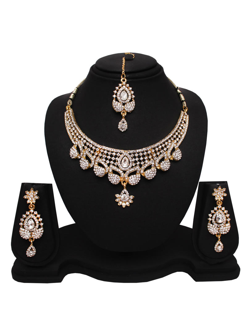 White Alloy Austrian Diamonds Necklace With Earrings and Maang Tikka 89182