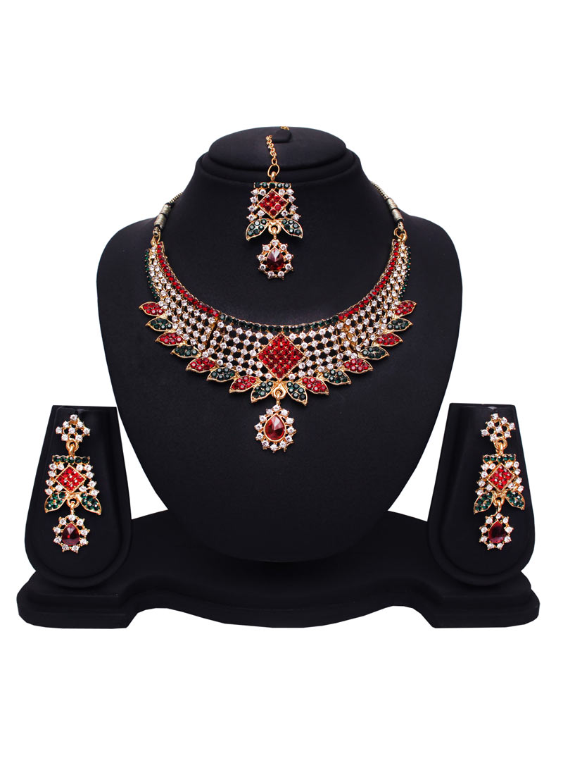 Maroon Alloy Austrian Diamonds Necklace With Earrings and Maang Tikka 89183