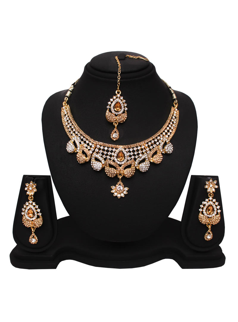 Golden Alloy Austrian Diamonds Necklace With Earrings and Maang Tikka 89184