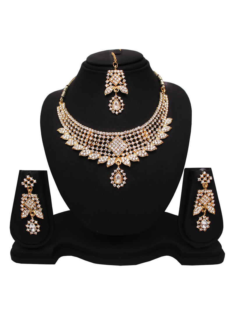 White Alloy Austrian Diamonds Necklace With Earrings and Maang Tikka 89186