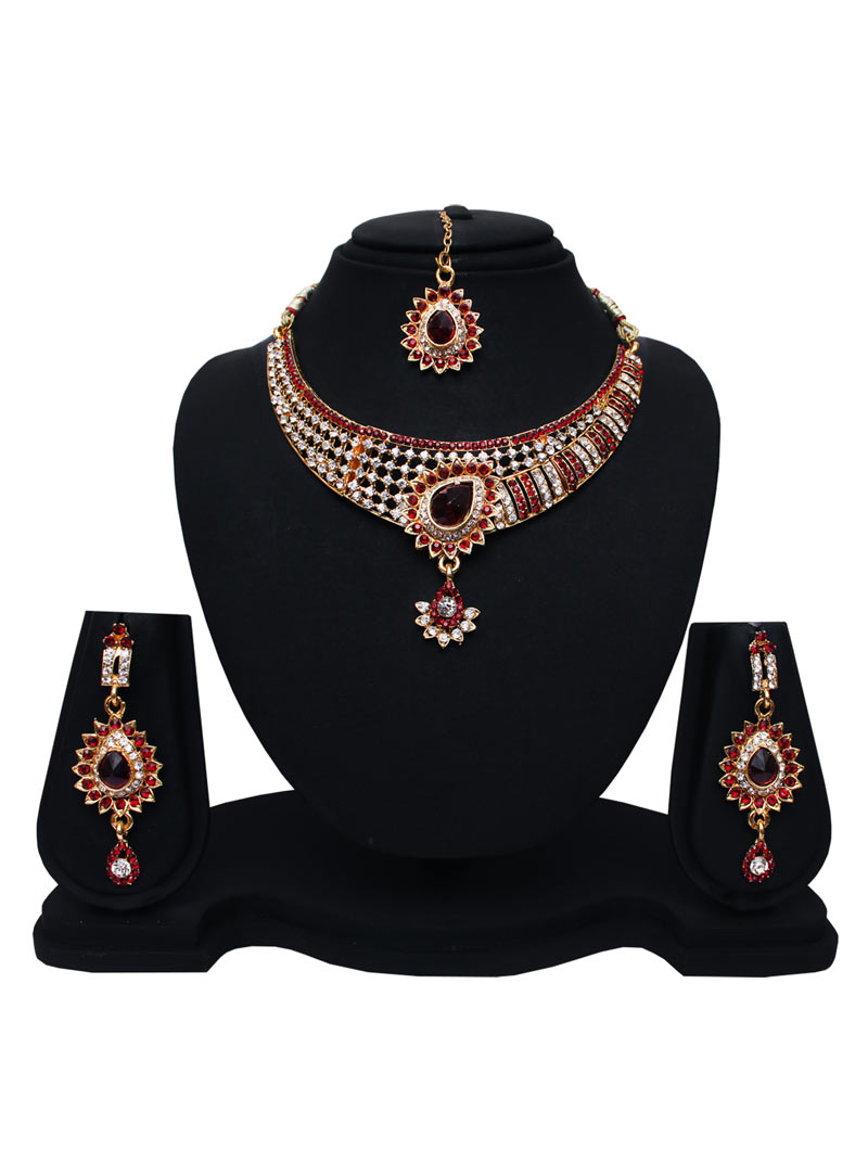 Maroon Alloy Austrian Diamonds Necklace With Earrings and Maang Tikka 89187