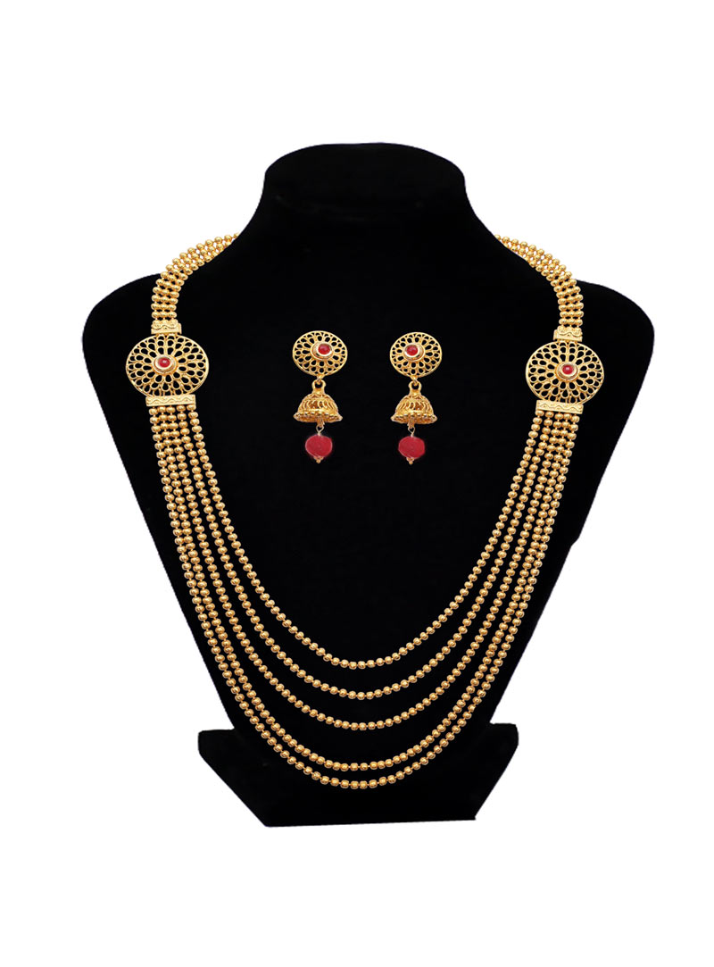 Golden Brass Ruby Necklace With Earrings 89189
