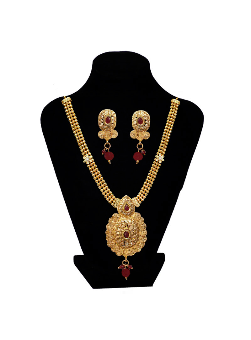 Golden Brass Ruby Necklace With Earrings 89191