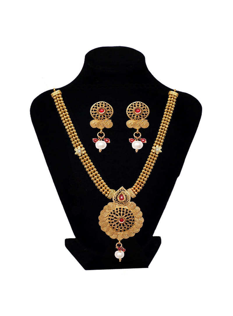 Golden Brass Ruby Necklace With Earrings 89192