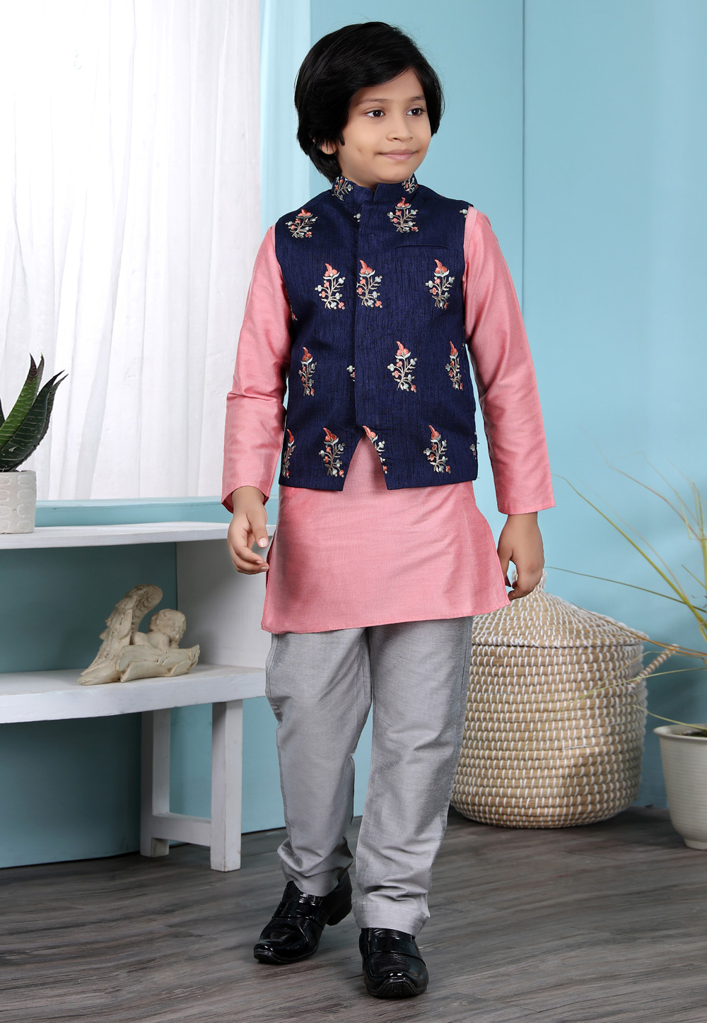 Pink Cotton Silk Kids Kurta Pajama With Jacket 234457