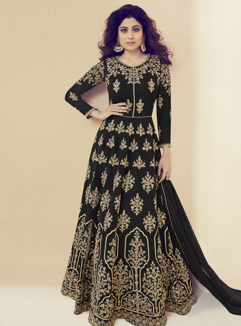 Shamita Shetty Black Georgette Long Anarkali Suit 133498