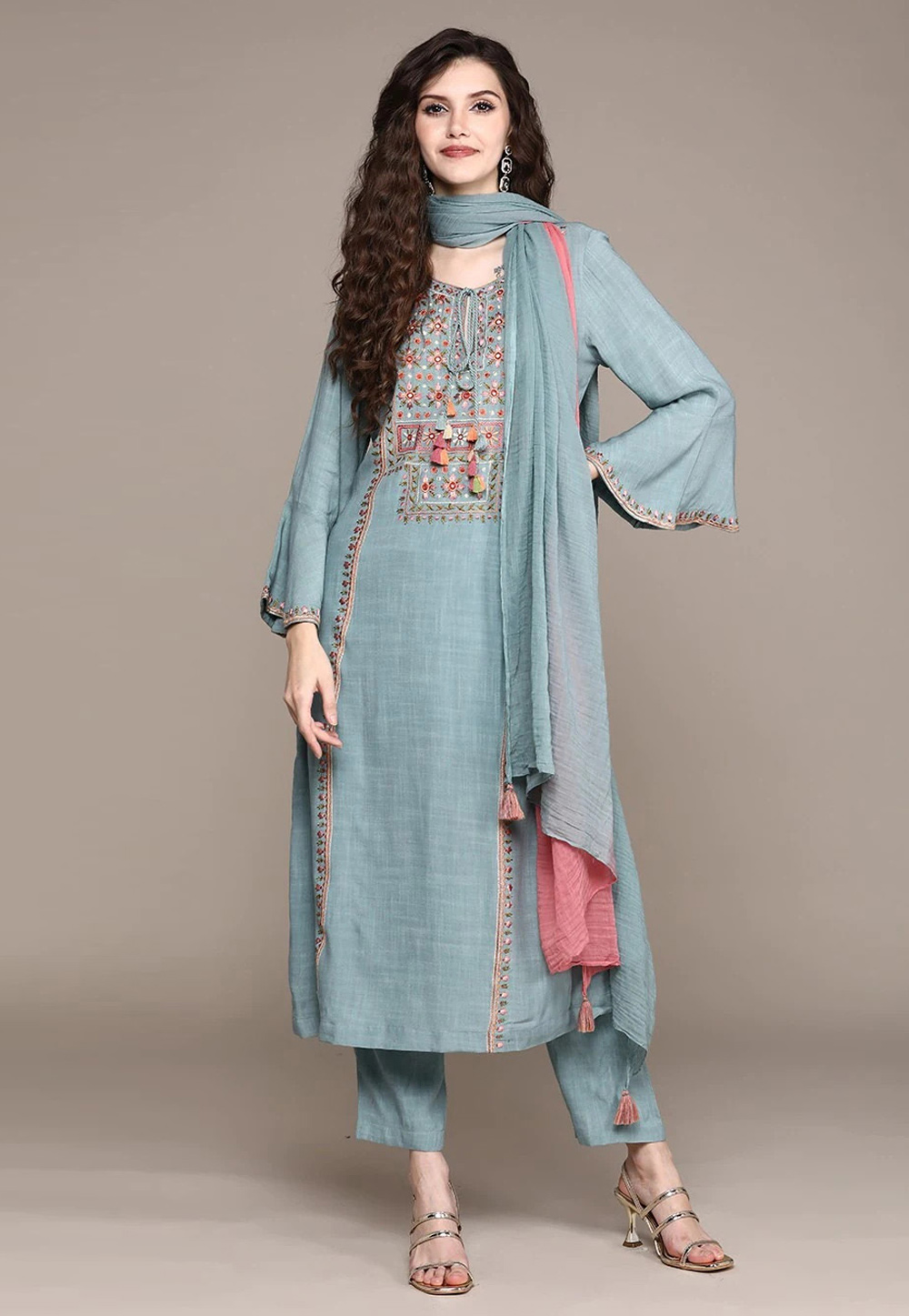 Sky Blue Viscose Rayon Readymade Pant Style Suit 264083