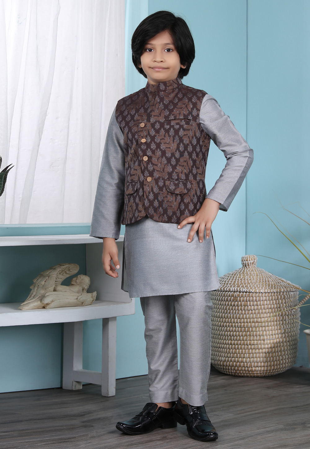 Grey Cotton Silk Kids Kurta Pajama With Jacket 234459
