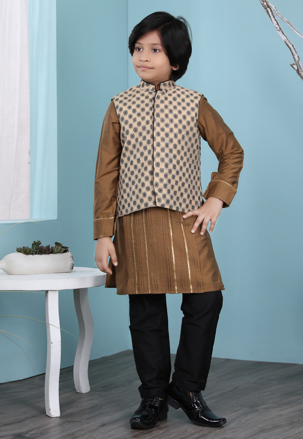 Brown Cotton Silk Kids Kurta Pajama With Jacket 234462
