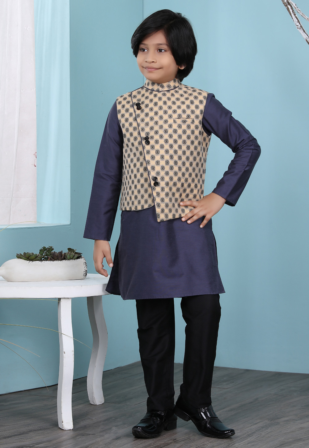 Navy Blue Cotton Silk Kids Kurta Pajama With Jacket 234463