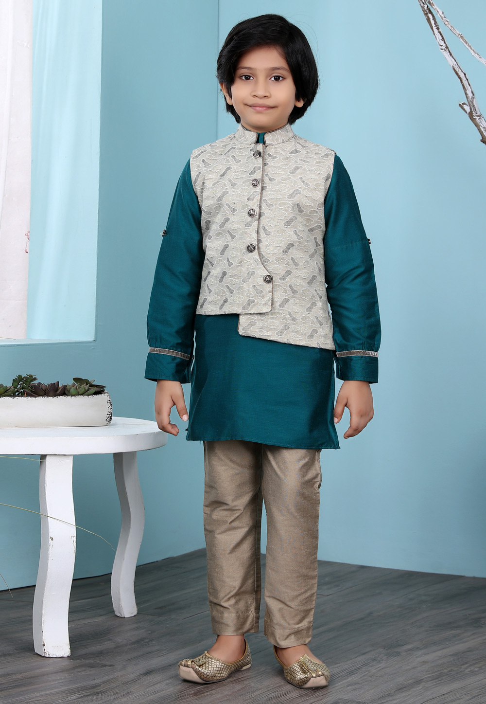Teal Cotton Silk Kids Kurta Pajama With Jacket 234467