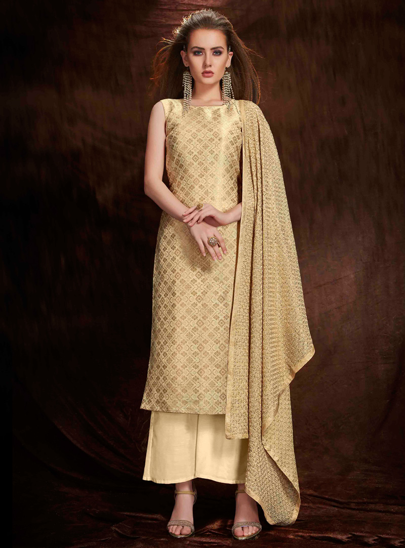 Beige Banarasi Silk Palazzo Style Salwar Suit 106101