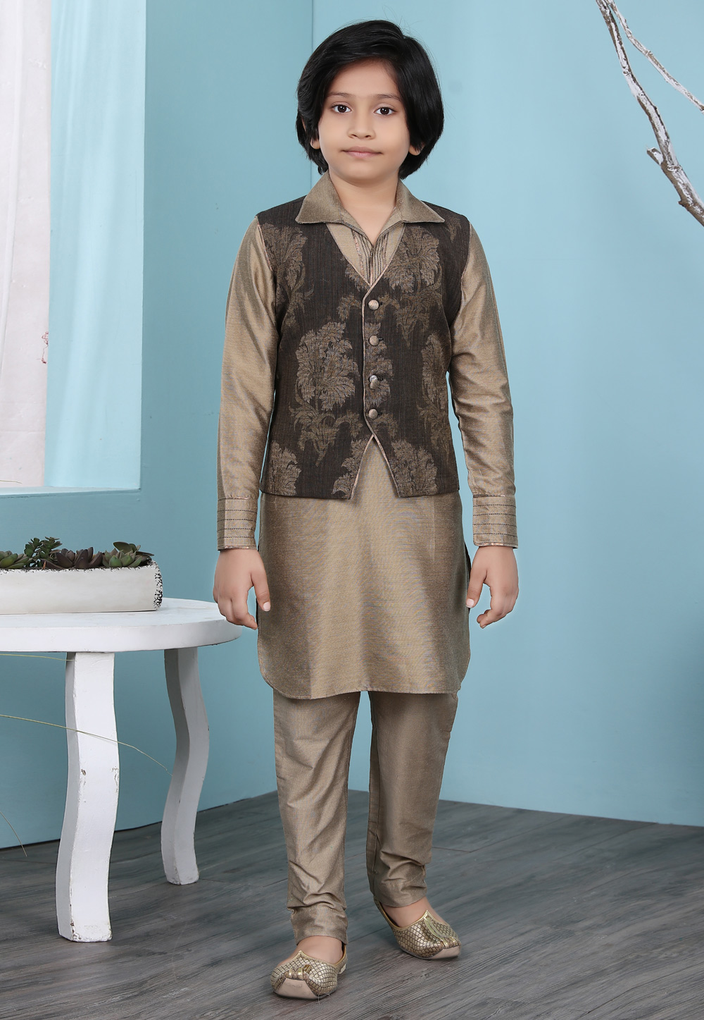 Light Brown Cotton Silk Kids Kurta Pajama With Jacket 234468
