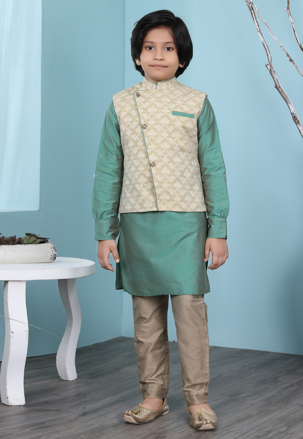 Sea Green Cotton Silk Kids Kurta Pajama With Jacket 234469