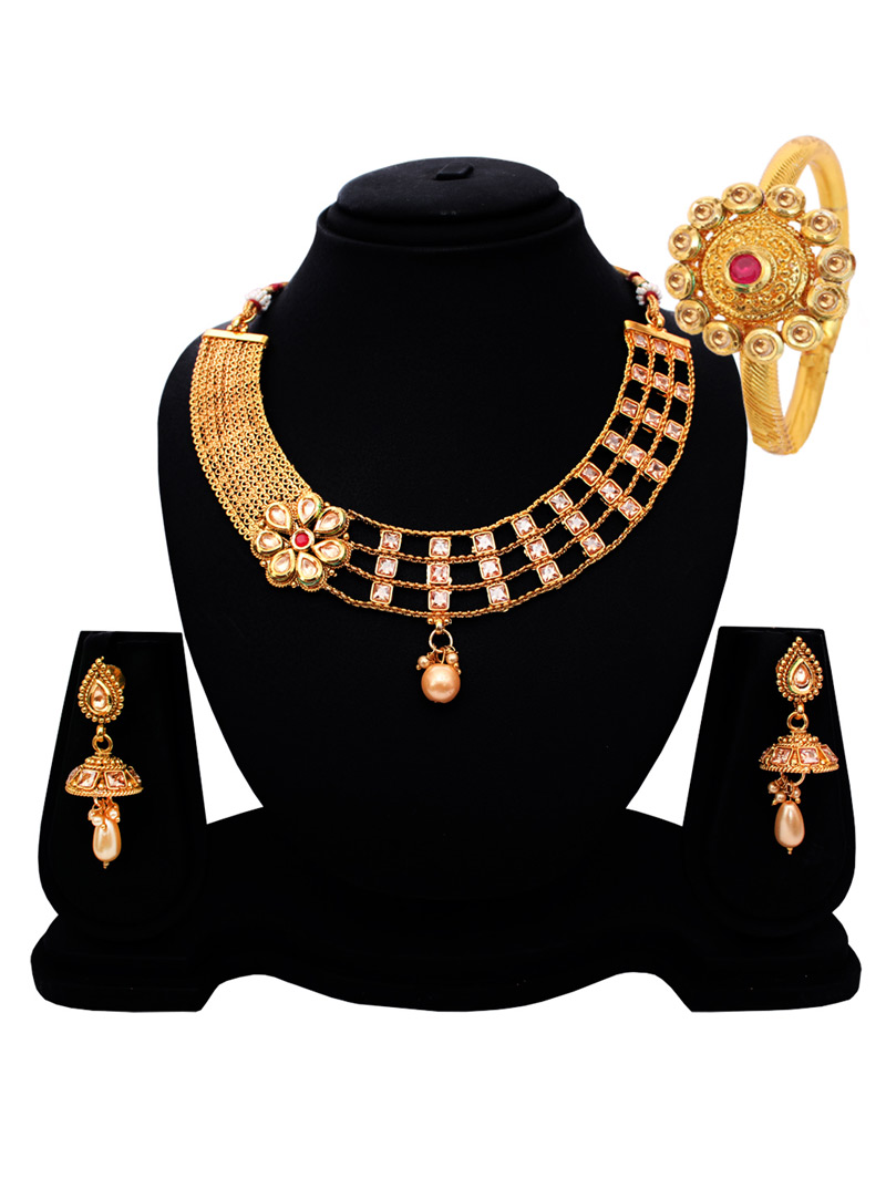 Golden Copper American Diamond Set With Earrings 128517
