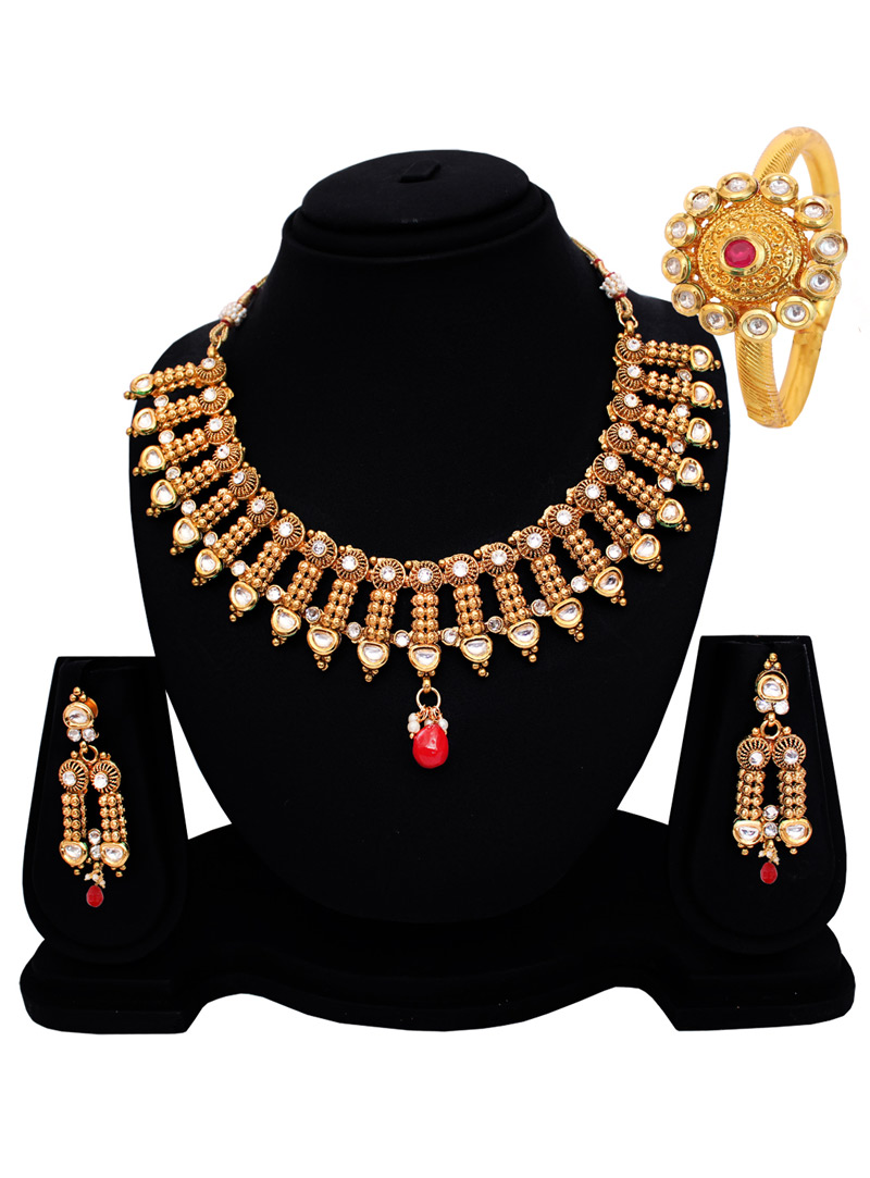 Golden Copper Kundan Set With Earrings 128522