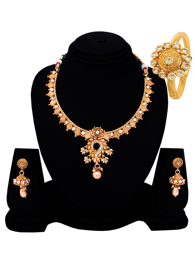 Golden Copper American Diamond Set With Earrings 128532