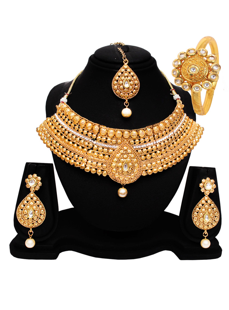Golden Alloy Austrian Diamond Set With Earrings and Maang Tikka 128539