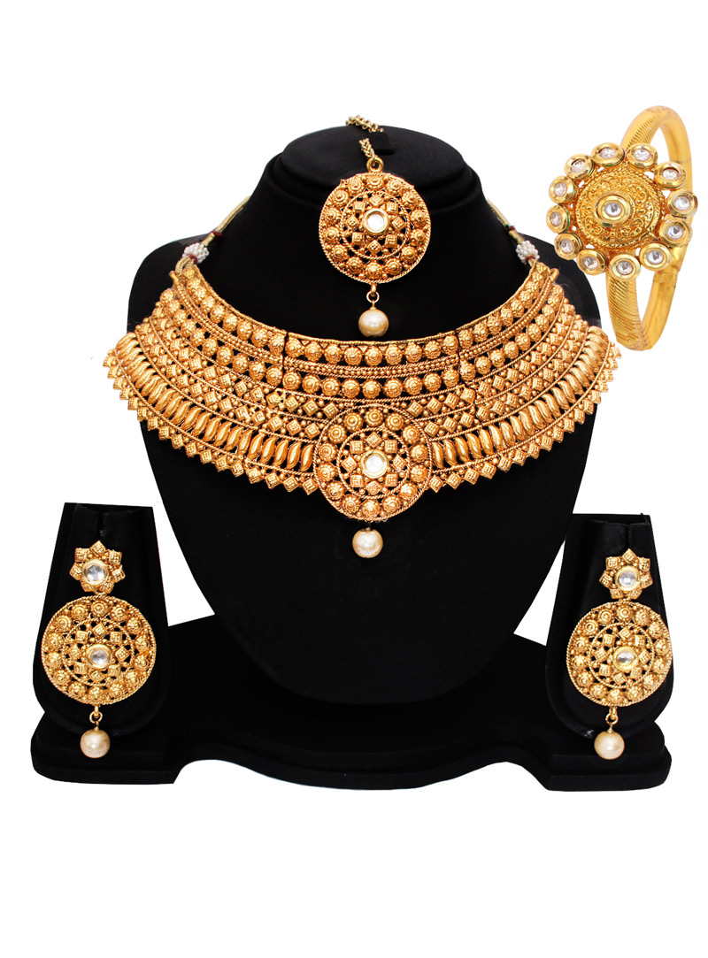Golden Alloy Austrian Diamond Set With Earrings and Maang Tikka 128540