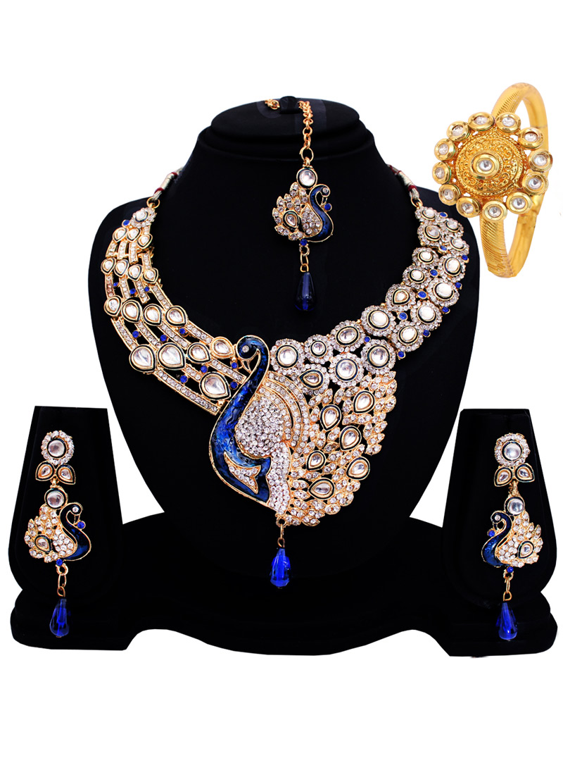 Blue Alloy Austrian Diamond Set With Earrings and Maang Tikka 128542