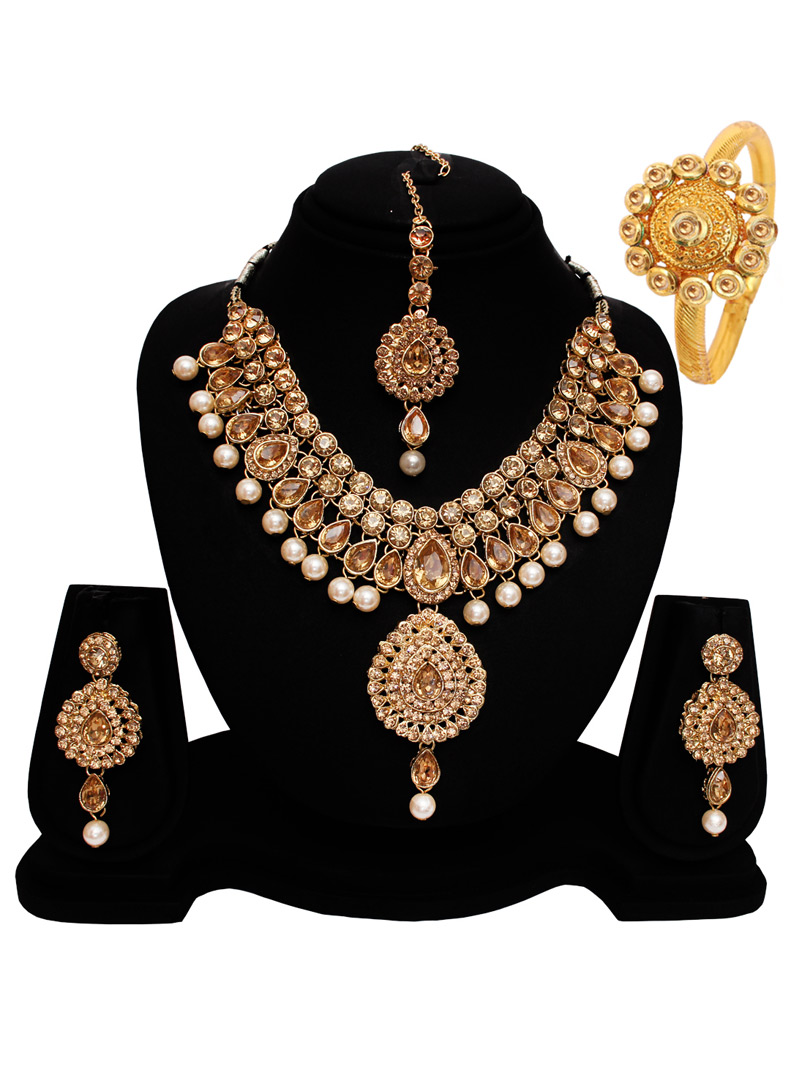 Golden Alloy American Diamond Set With Earrings and Maang Tikka 128545