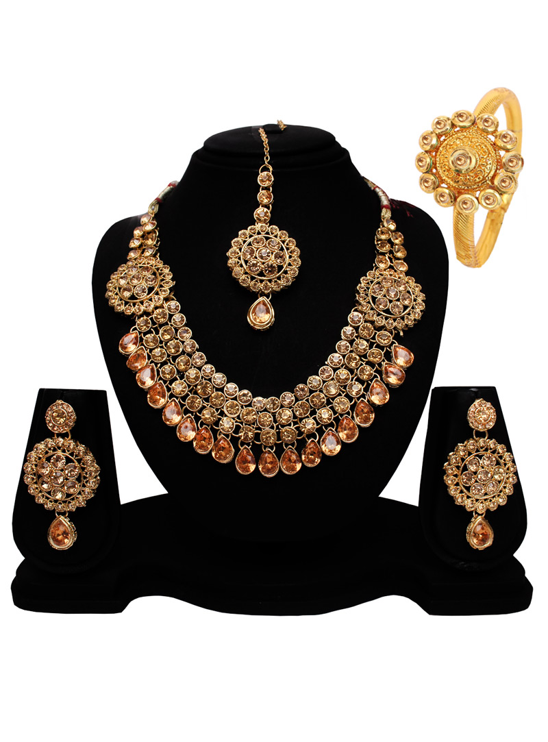 Golden Alloy American Diamond Set With Earrings and Maang Tikka 128546