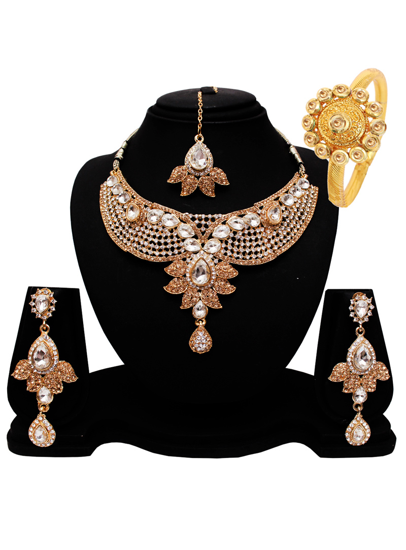 Golden Alloy Austrian Diamond Set With Earrings and Maang Tikka 128548