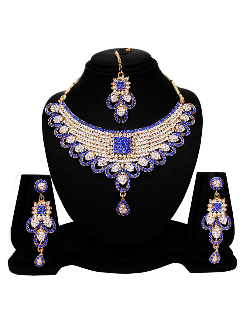 Blue Alloy American Diamond Set With Earrings and Maang Tikka 128561
